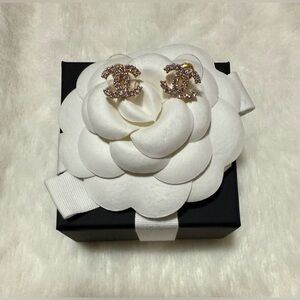 Crystal CC Style Stud Earrings Goldtone